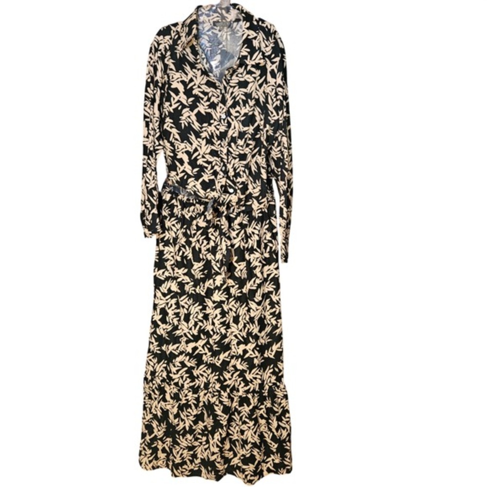 New Rachel Zoe Linen Blend 2 Pce Set Crop Shirt Maxi Skirt Black Tan Leaf Print
